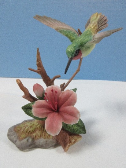 Maruri USA Fine Porcelain & Bronze Ruby-Throated Hummingbird w/Azalea Figurine 5"