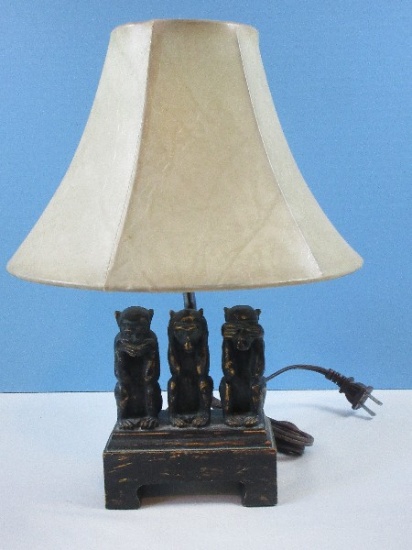Whimsical Figural 3 Wise Monkey Statuette 14" Resin Accent Lamp Faux Leather Shade