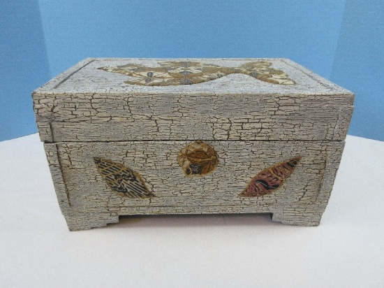 Coastal Beach Theme Keepsake Box Craquelure Aged Patina Applied Fabric Accents w/Shells &