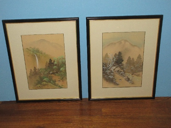 Pair Chinese Traditional Landscape Artwork on Silk Artist Signed w/Red Stamp in Gold Trim Black