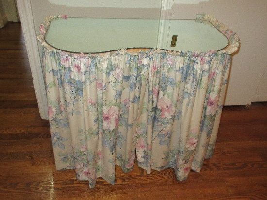 Kidney Shaped Vanity Dressing Table w/Pleated Fabric Skirt Stem Wild Pink Rose Pattern &