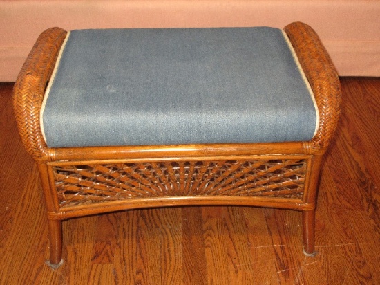 Wicker Rattan Ottoman w/Removable Demin Cushion Herringbone Pattern Trim Cushion-