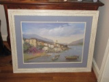 Italian Village by Waterfront Artwork Print in Distressed White Frame/Blue Mat-38
