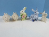5 Porcelain Bisque Bunny Figurines Andrea Hand Painted Blue/White & Yellow Floral 5 1/2