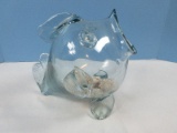Novelty Hand Blown Green Glass Figural Fish Bubble Art Glass Fish Bowl/Vase Approx 11