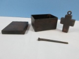 Jan Barboglio Metal House Blessing Cross box w/Cross & Nail Rustic Design-Retail $100,3