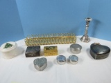 Lot Brass Plated Arched Dresser Tray, Italian Florentine Style Gilt Trinket Box, Silverplate Basket