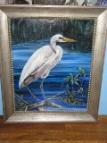 Marvelous Egret/Heron Fishing in Shallow Water Marsh Original Artwork -Canvas Artist Signed 31