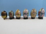 Lot 4 Cloisonne Large Eggs, & Enamel Egg w/Stands Beautifully Decorated(2 Are Hinged-4 3/4