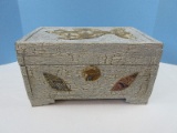 Coastal Beach Theme Keepsake Box Craquelure Aged Patina Applied Fabric Accents w/Shells &