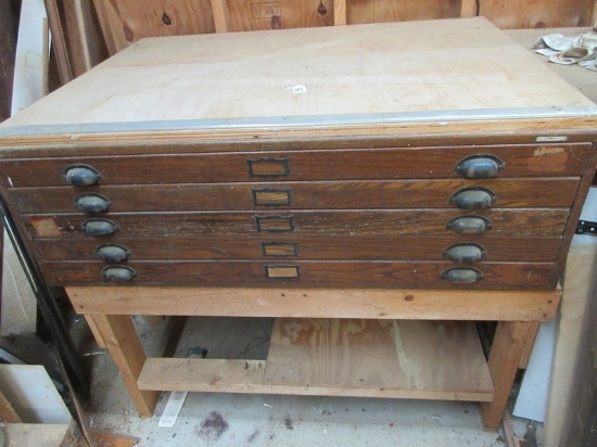 5 Drawer Architect Flat File/Printers Oak Cabinet Attached Plywood Top- 16"H x 45 1/2" x 34 1/2"