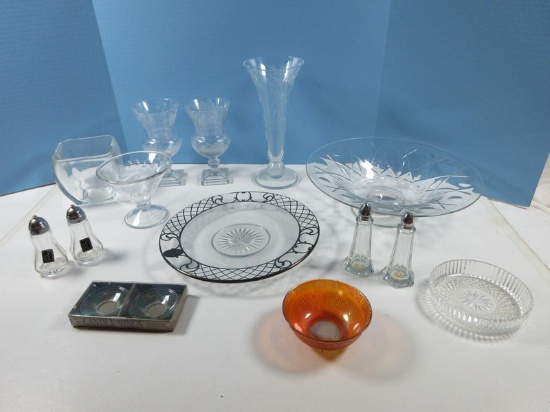 Lot Marigold Carnival Glass 4 1/4" D Bowl, Silver Overlay 10 1/2" Plate, Pair Lenox Imperial Crystal