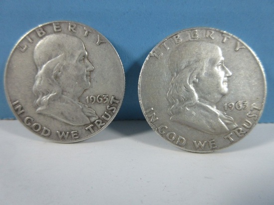 2 Coins-1963-D Franklin Silver Half Dollar Liberty Bell Coins Denver Mint Mark 90% Silver
