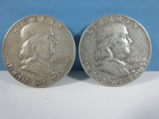 2 Coins-1963-D Franklin Silver Half Dollar Liberty Bell Coins Denver Mint Mark 90% Silver