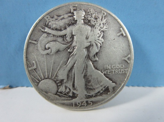 1945 Walking Liberty Silver Half Dollar Coin Philadelphia No Mint Mark 90% Silver