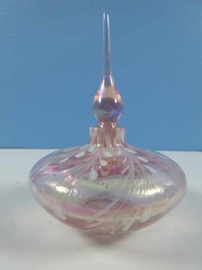 Gorgeous Crystal Clear Iridized Pink White Pulled Feather Design Hand Blown Perfume Bottle