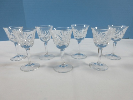Signed Set of 7 Gorham Crystal Clear Cherrywood Pattern 3 7/8" Cordial Stemware Glasses