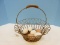 Round Wire Egg Basket w/ Center Handle Woven Base and 4 Whit/2 Brown Faux Eggs