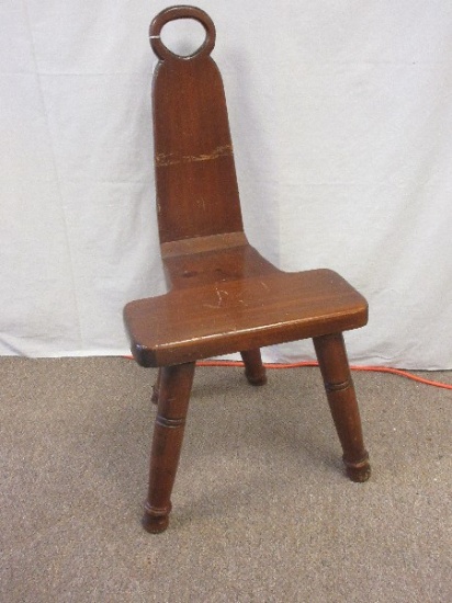 Rustic Three Legged Knotty Pint Stool Seat w/ Back Rest and Handle (Some Wear See Pics)