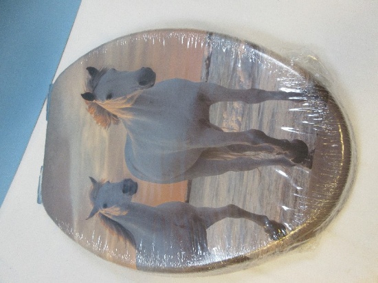 Elongated Toilet Seat Sunset on Beach w/ Horses Portrait New in Shrink Wrap