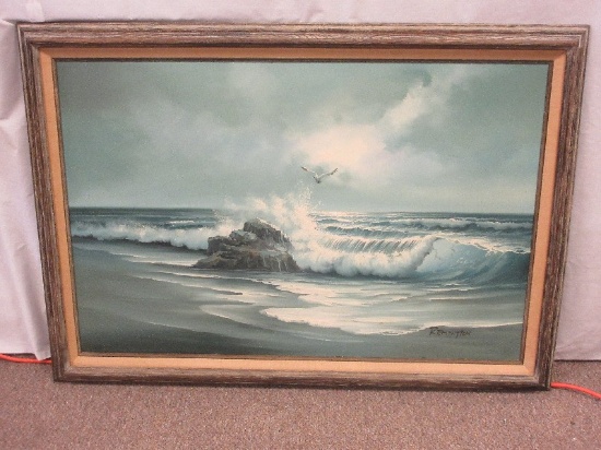 Rolling Wave Beach Scene w/ Seagull Original Artwork on Canvas Artist Signed Remington