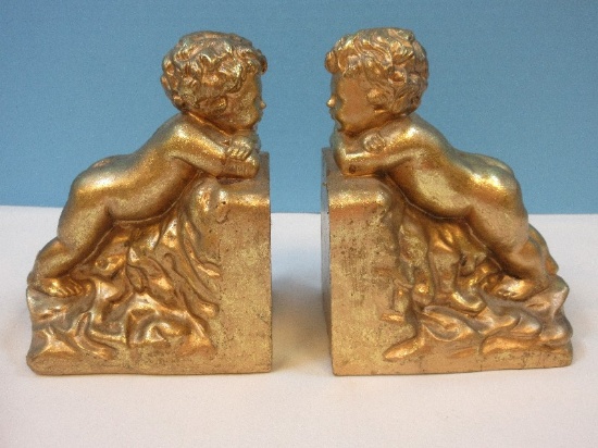 Pair Renaissance Stylized Putto Nude Child By CBK, LTD 1995 Resin Gilt Patina 6" Bookends