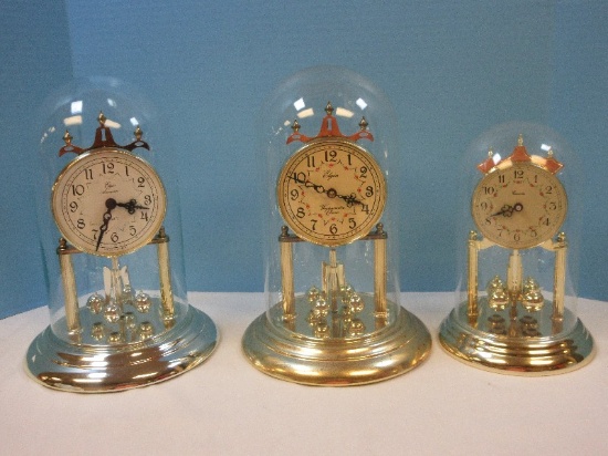 3 Anniversary Glass Dome Quartz Clocks 12" Elgin Westminster Chime, Elgin American and