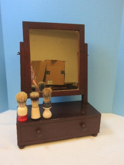 Bureau Gentlemen's Shaving Mirror w/ Drawer on Bun Feet Plus 3 Sterilized Shaving Brushes