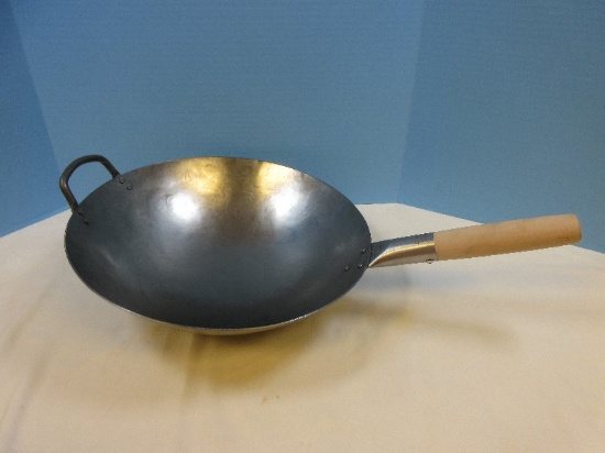 Craft Wok Hand Hammered 14" Round Base Carbon Steel Wok Natural Wood Handle