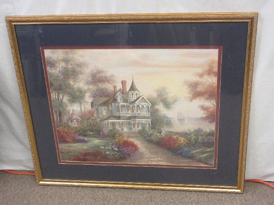 Traditional Victorian Estate By The Water Artwork Print Attributed to Carl Valente in Scroll