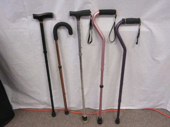 5 Medical Adjustable Length Canes, 3 Have Wrist Straps