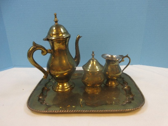 5 pc. India Brass Individual Tea Set Teapot Creamer, Covered Sugar Bowl and Tray
