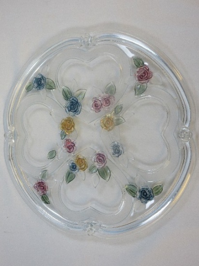 Elegant Serving 13 1/4" Cake Plate Frosted Hearts and Flower Buds w/ Foliage Design