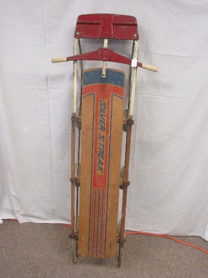 Vintage Silver Streak Snow Sled Floating Steering Wood and Metal Rails Sled 59" L x 13"