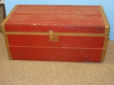 Vintage Painted Red Wooden Trunk Metal Trim and Wooden Handles 14