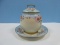 3 pc. Porcelain Empire I Hand painted Jam/Marmalade Pot Pink Stem Wild Roses Blue Border