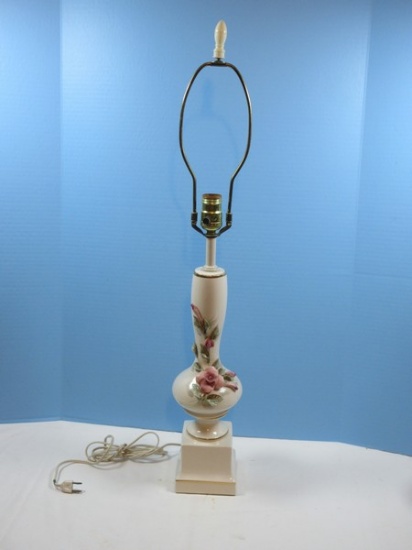 Elegant Porcelain Vase Form 30 1/2" Table Lamp w/Applied Pink Stem Foliage Rosebuds Gilt Trim