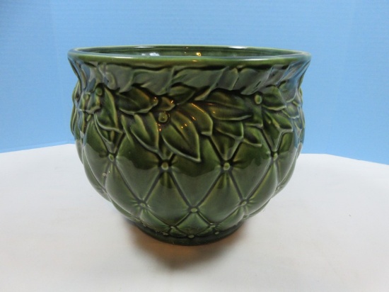 Mid Century Modern McCoy Pottery Green Quilted w/Leaf & Berry Wreath Jardiniere Planter