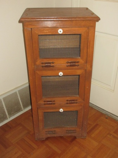 Country Farmhouse Pine Vegetable Bin 3 Doors w/Wire Screen & Porcelain Pulls