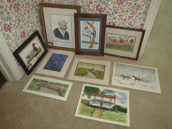 6 Various Original Watercolors by Greenville Artist Signed Bill Putnam Duck Decoy Portrait, Bird