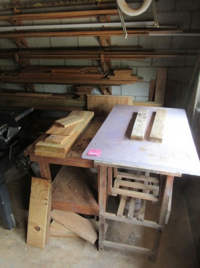 Lot Misc Lumber Planks Boards & 2 Wooden Workshop Tables