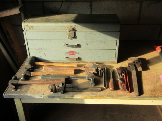 Vintage Metal Craftsman Tool Box w/Misc Craftsman & Other Tools, Hammers, Pipe Wrenches,