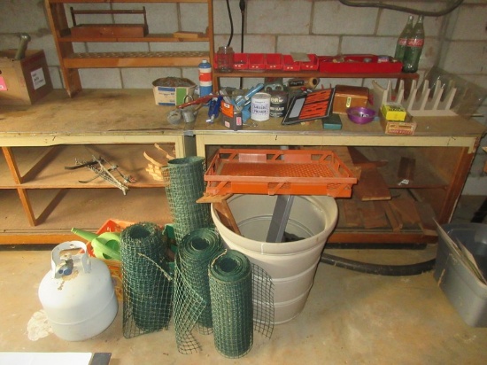 Lot Green Vinyl Coated Mesh Rolls, Empty Propane Tank, Lead Weights, Caulking Guns, Paint