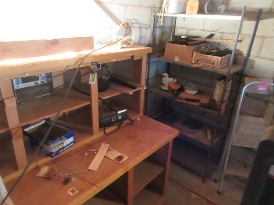 Lot Metal Rack, Step Ladder, AM/FM Radios, Saw Blades etc.