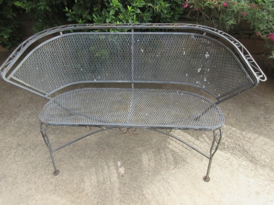 Mid Century Modern Wrought Iron Patio Garden Settee w/Curved Back & Scrollwork Mesh Back