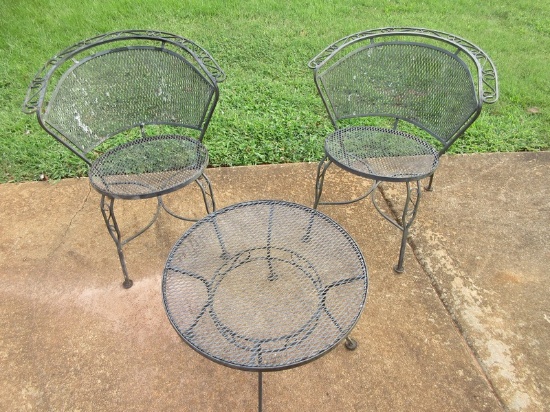 3pc Mid Century Modern Wrought Iron Patio Garden Set 2 Curved Back Chairs Mesh Back/Seat