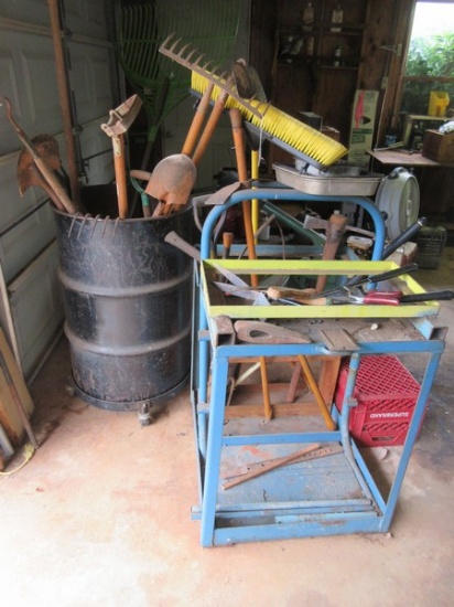 Lot Yard Tools, Barrel on Casters, Metal Rack, Shovels, Axe, Pruner, Rake etc.