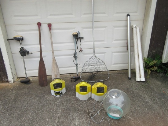 Lot Fishing Net, 2 Wooden Paddles, 2 Trolling Motors, Flow Troll Buckets etc.