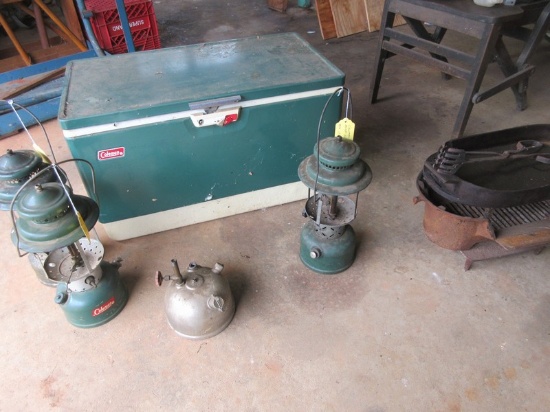 Lot Coleman Cooler, Cast Iron Camp Stove & Lanterns