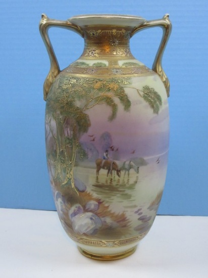 Gorgeous Nippon Semi Porcelain Hand Painted Double Handle 13" Vase Heavily Embellished